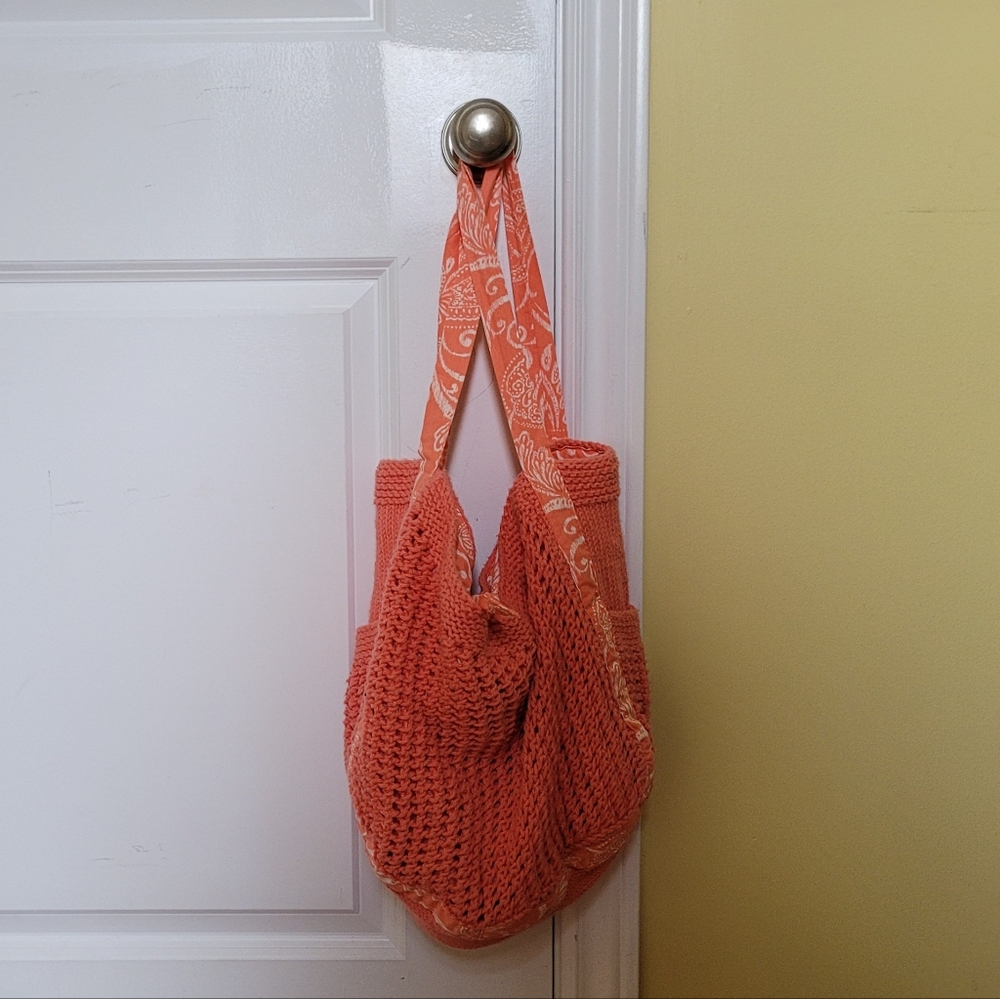 Crochet bag tote sack beach purse sewing knitting peach orange summer hand made